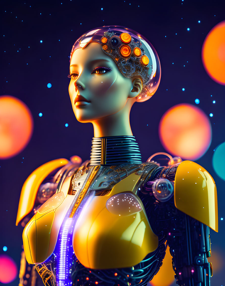 Futuristic female android with visible internal gears and circuits