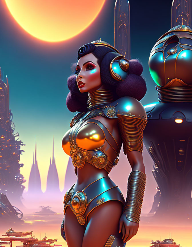 Futuristic female character in stylized armor with surreal cityscape and eclipsed sun