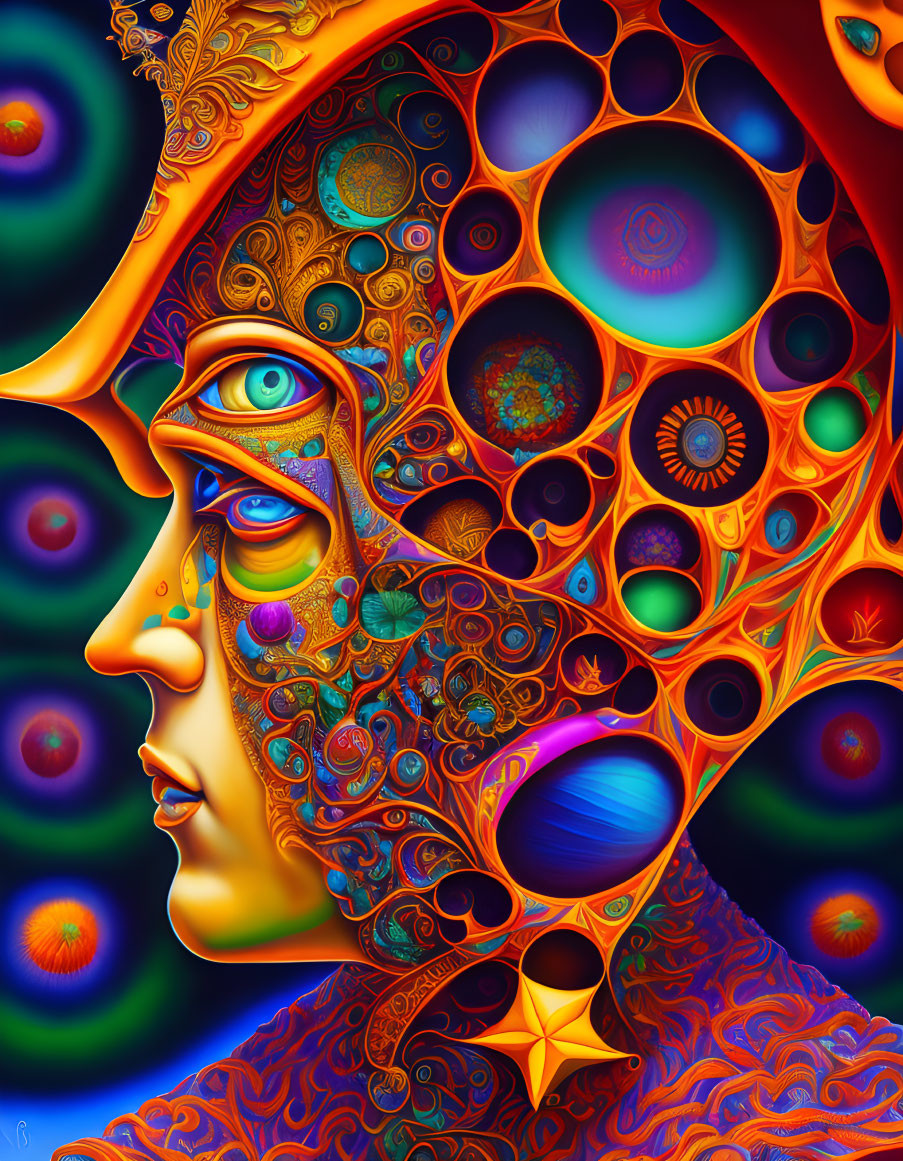 Colorful psychedelic portrait with multiple eyes and intricate patterns on abstract background