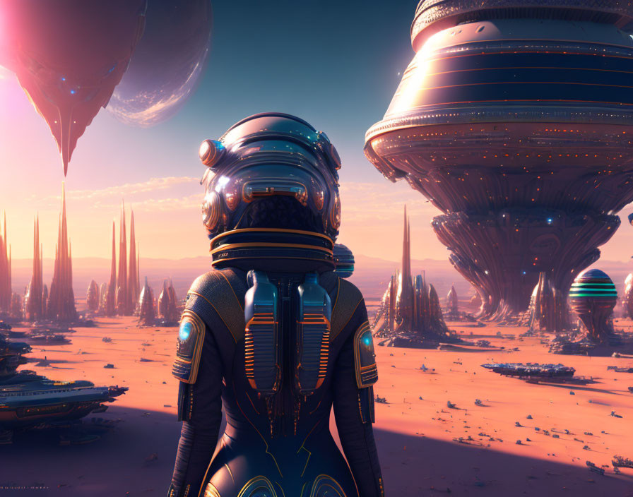 Futuristic astronaut observes alien spacecraft over desert landscape