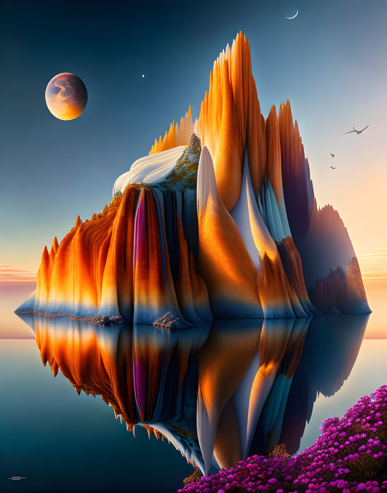 Vibrant rock formations reflected in still waters under twilight sky