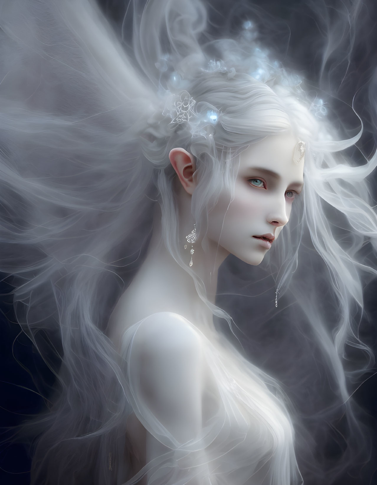 Ethereal figure with white hair and ghostly features