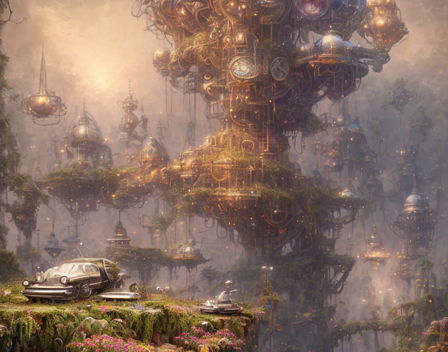 Steampunk cityscape with floating structures and classic car in misty forest