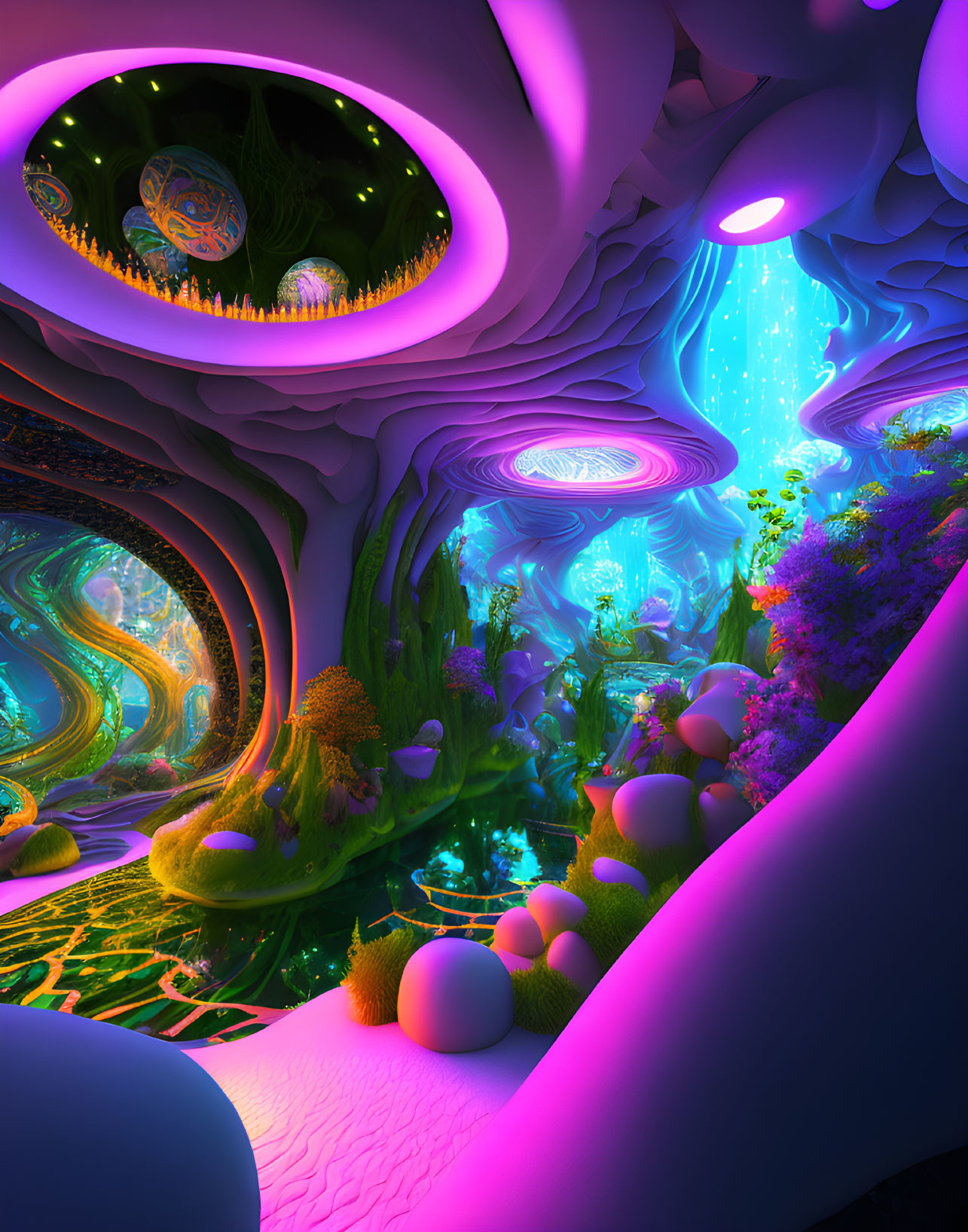 Colorful Psychedelic Interior with Neon Organic Shapes