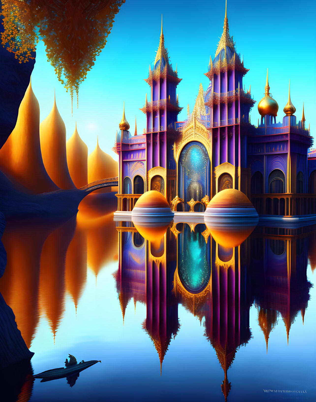 Fantastical castle with spires reflected in twilight water scene