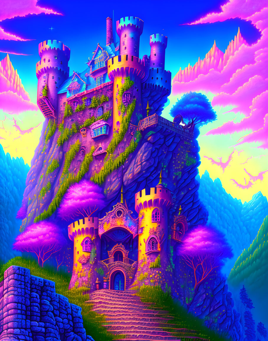 Fantastical purple castle on craggy hill under pink sky