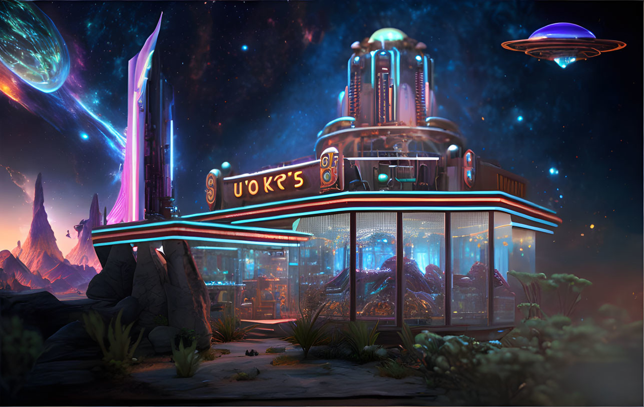 Retro-futuristic diner with neon signs under starry sky, spaceship, and comet.