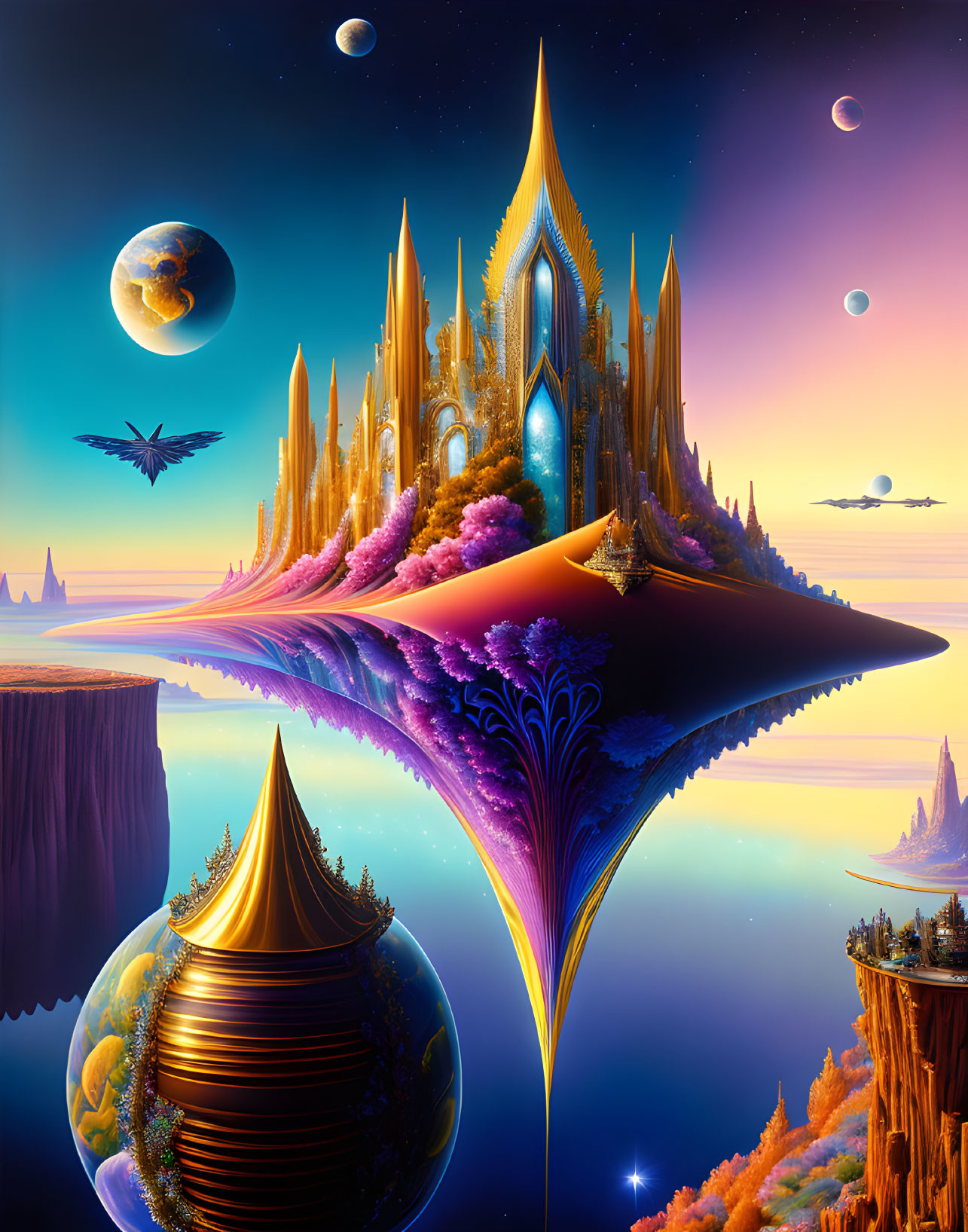 Fantasy Landscape with Floating Islands and Futuristic Buildings