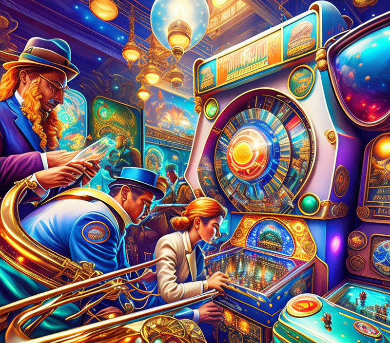 Colorful casino scene with blue-clad figures gambling under futuristic lights.