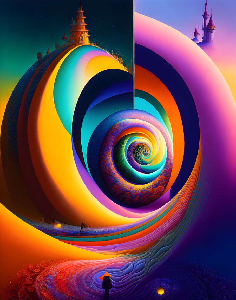 Colorful Digital Artwork: Person at Swirled Portal in Fantasy Landscapes