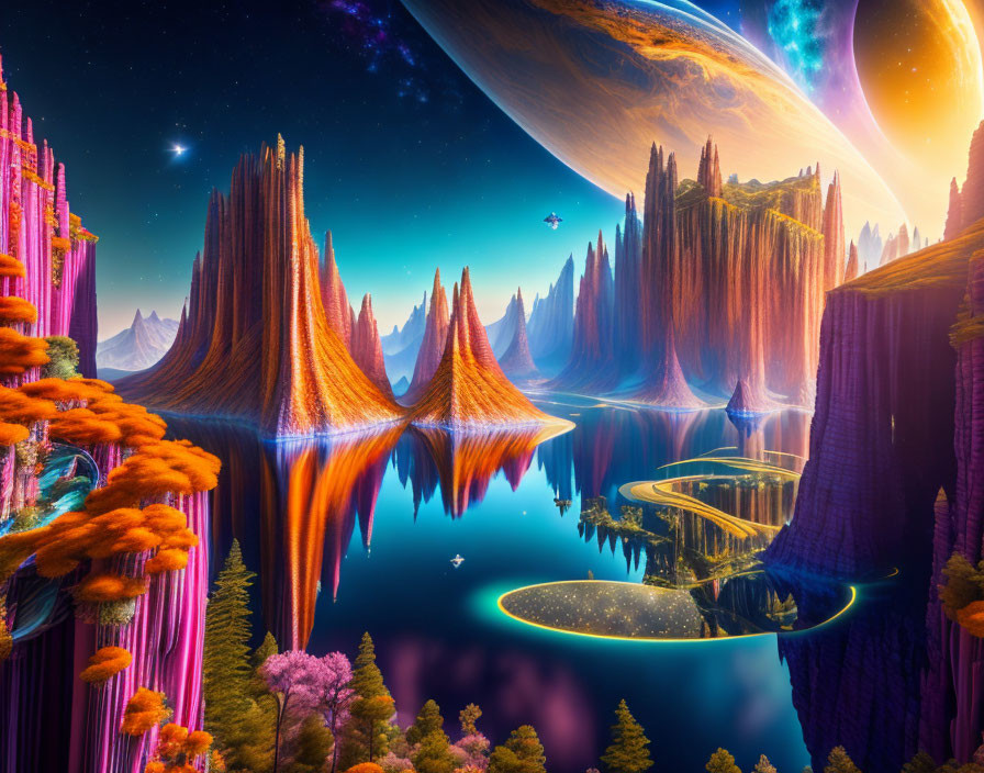 Surreal landscape with towering rocks, mirrored waters, and cosmic sky