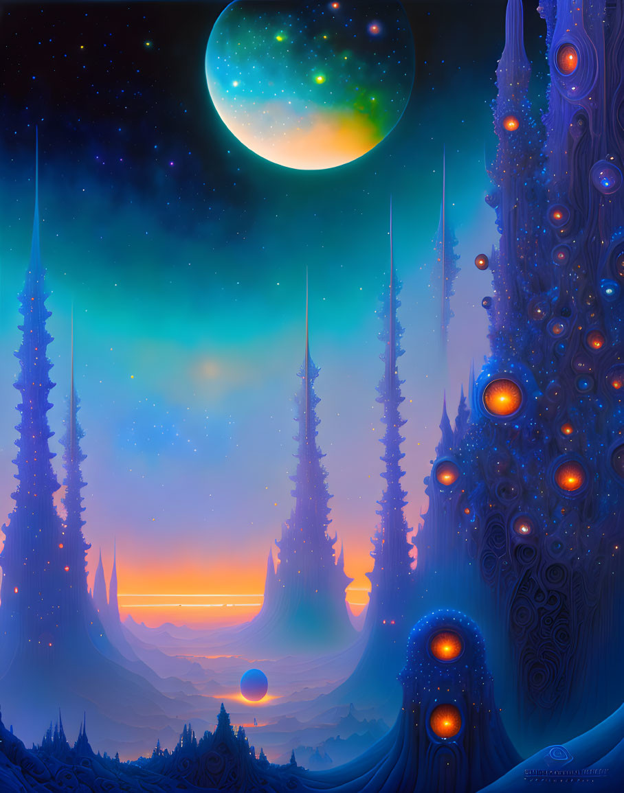 Colorful alien trees and glowing orbs in cosmic landscape at night transitioning to dawn