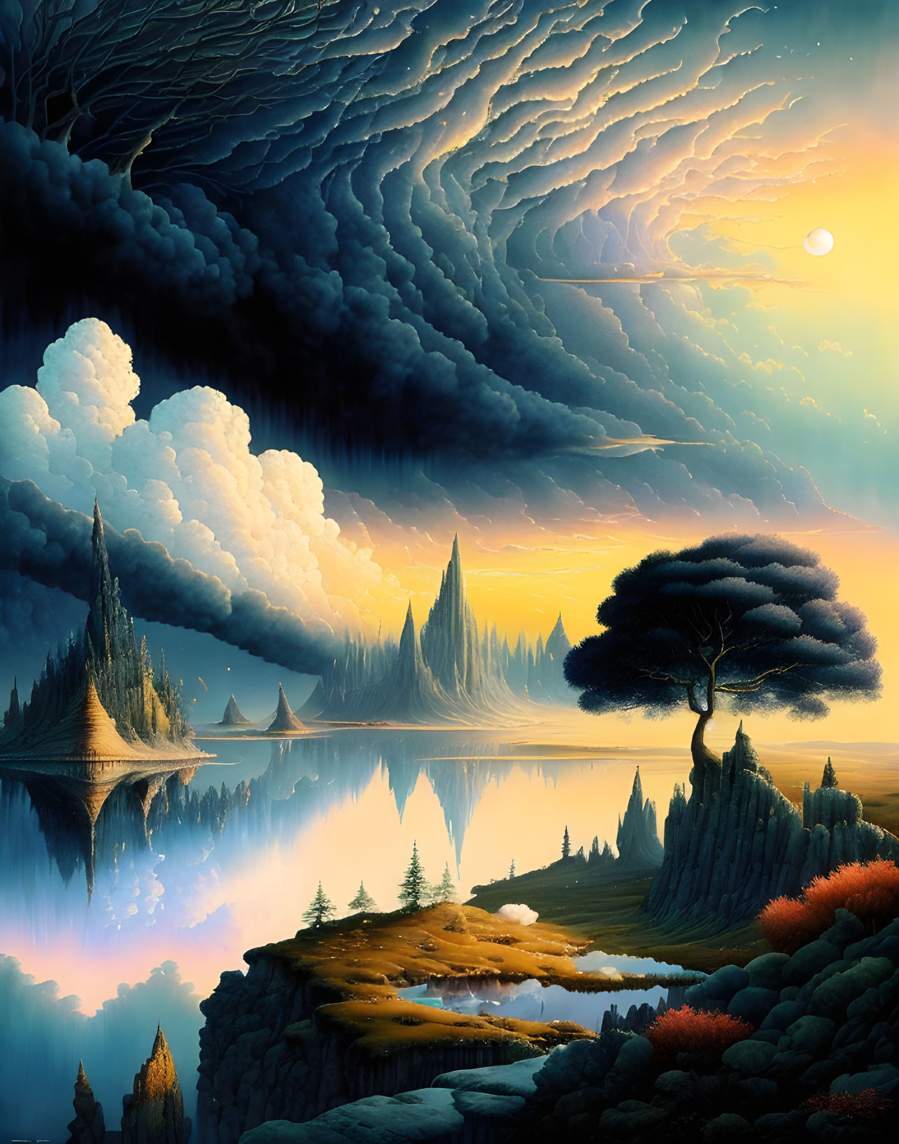 Fantasy landscape with towering spires, reflective lake, dramatic clouds, day to night transition