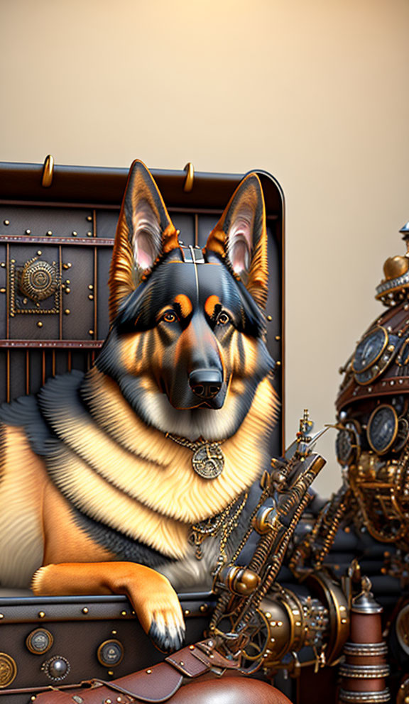 Steampunk-inspired German Shepherd with mechanical gears.