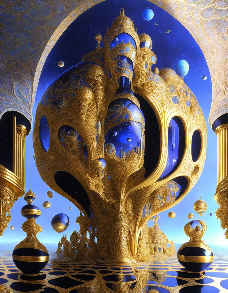 Golden tree structure with cosmic backdrop and ornate details