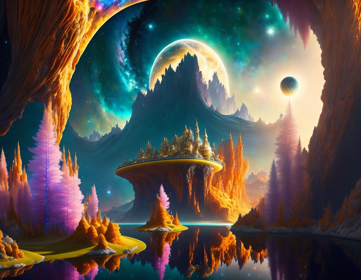 Fantastical landscape with floating islands, pink trees, starry sky, planets, mountains, and