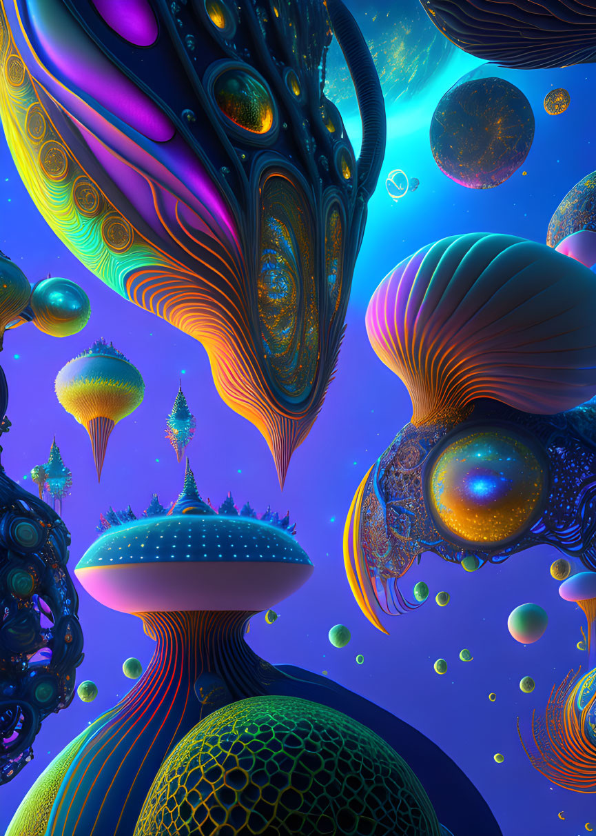 Psychedelic landscape with fractal structures and alien vegetation