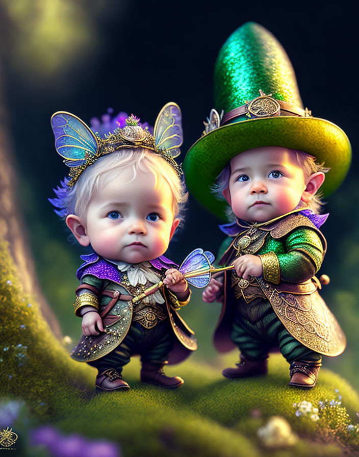 Fantasy fairy and leprechaun babies in magical forest with butterfly