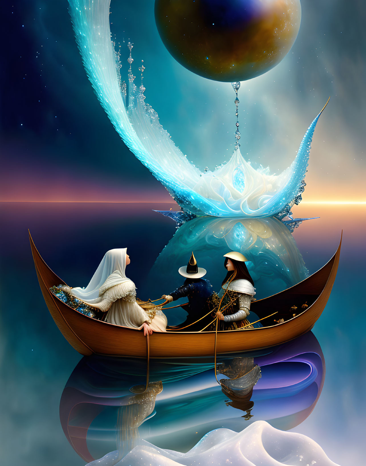 Surreal image: Two robed figures in boat on cosmic backdrop