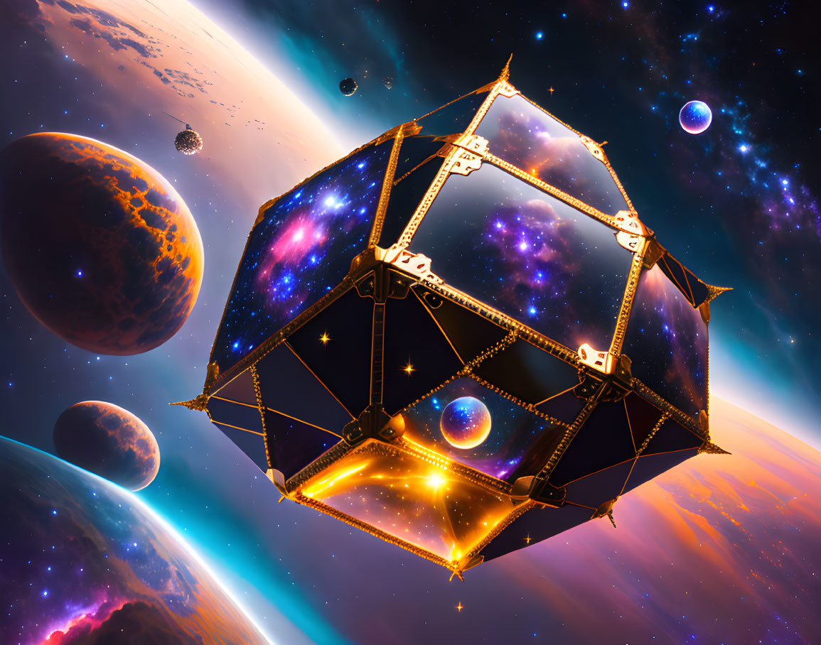 Hexagonal futuristic space telescope in vibrant cosmic landscape