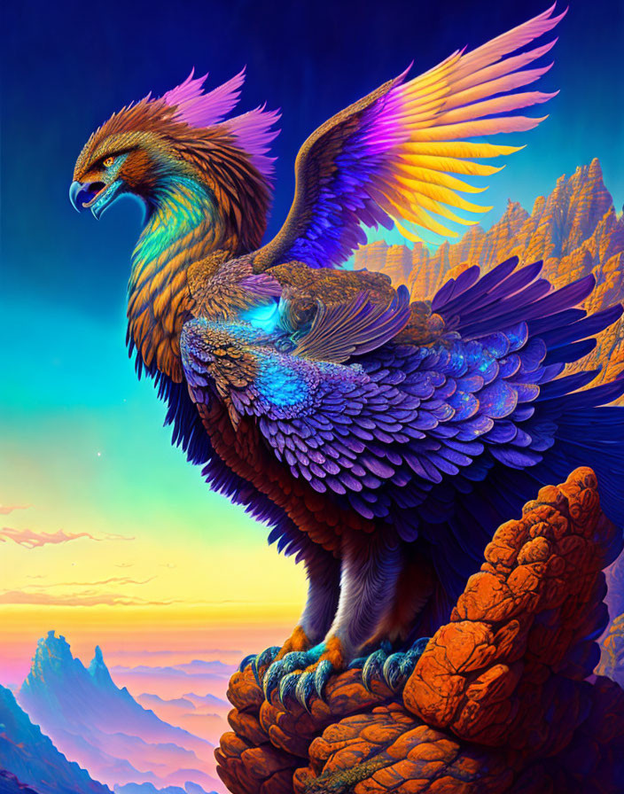 Majestic mythical bird with multicolored feathers perched on rocky outcrop at sunset