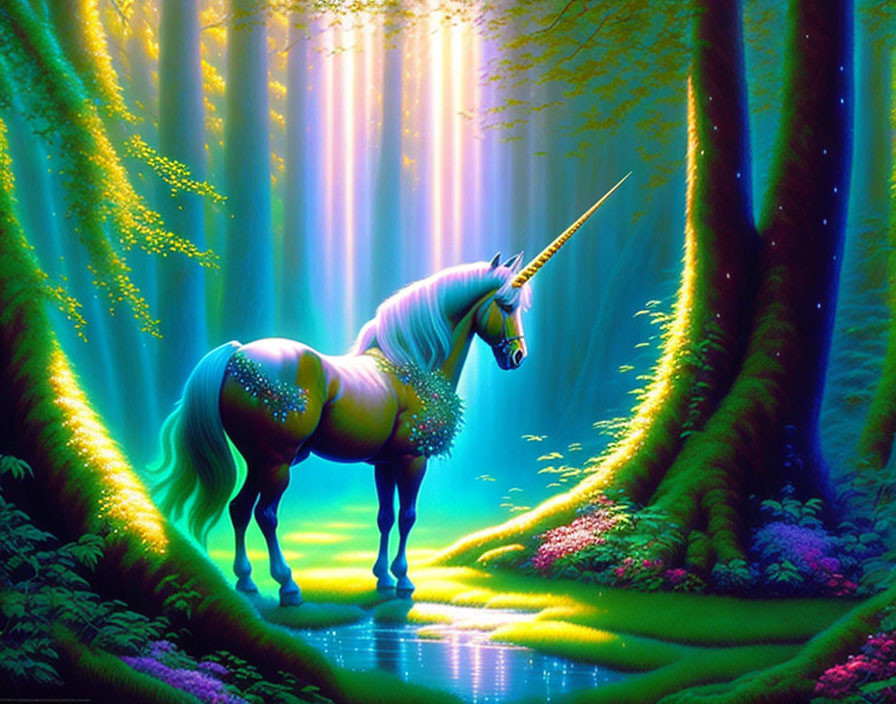 Majestic unicorn in forest stream under sunlight