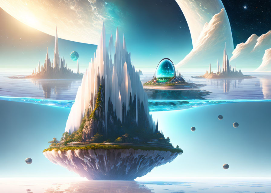 Vibrant celestial sky with futuristic cities and towering spires