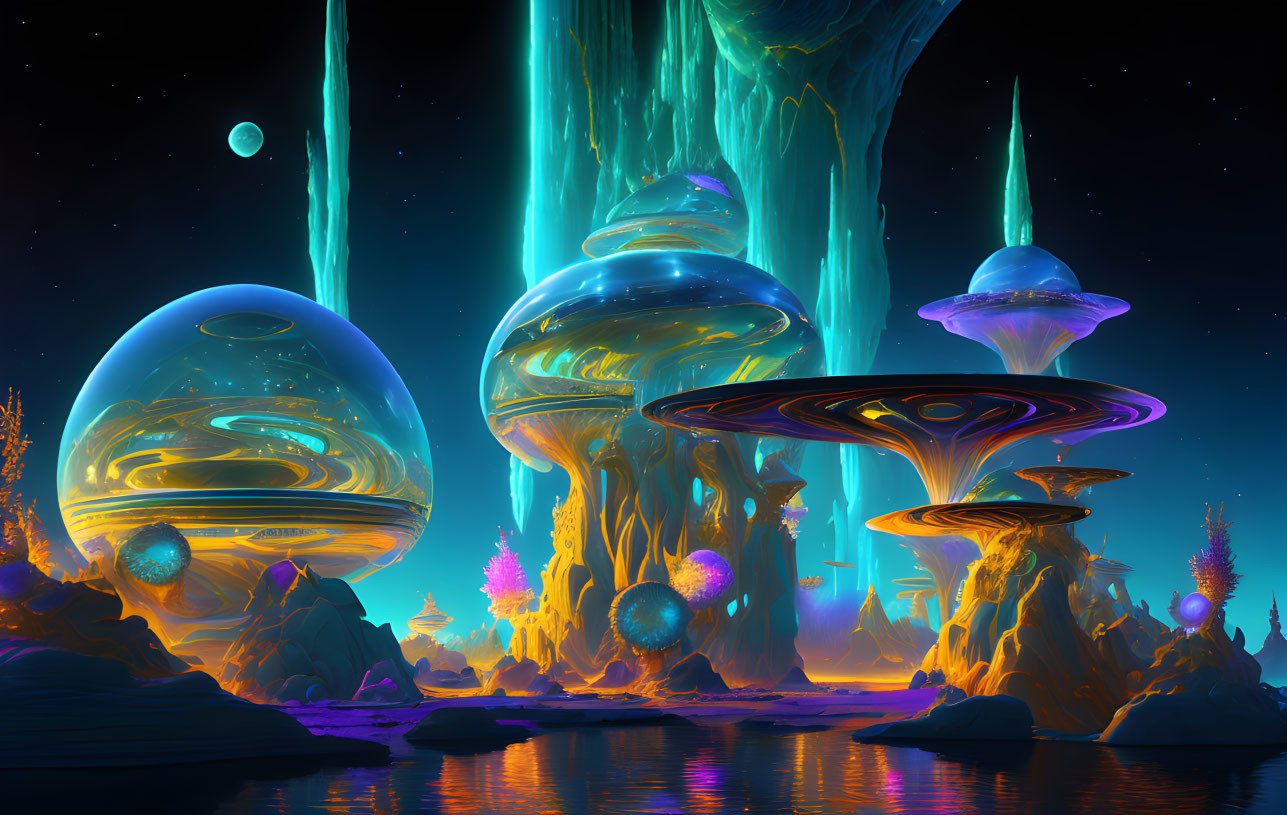 Mystical landscape with glowing mushrooms, waterfalls, and starlit sky