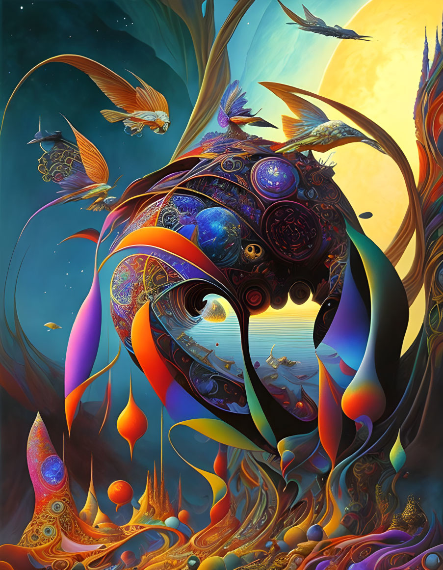 Colorful Psychedelic Illustration: Celestial Orbs, Birds, and Cosmic Shapes