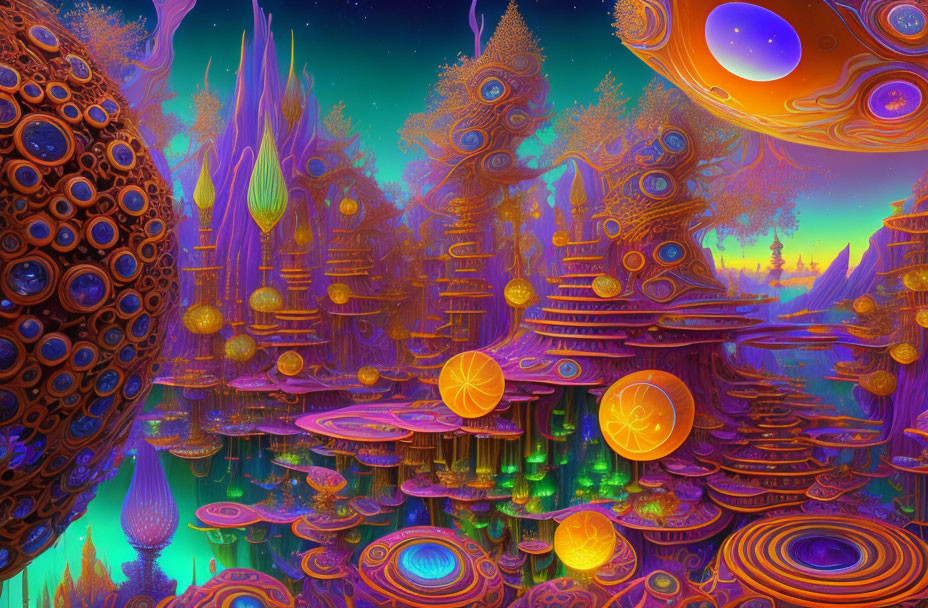 Surreal landscape with glowing orbs and alien sky