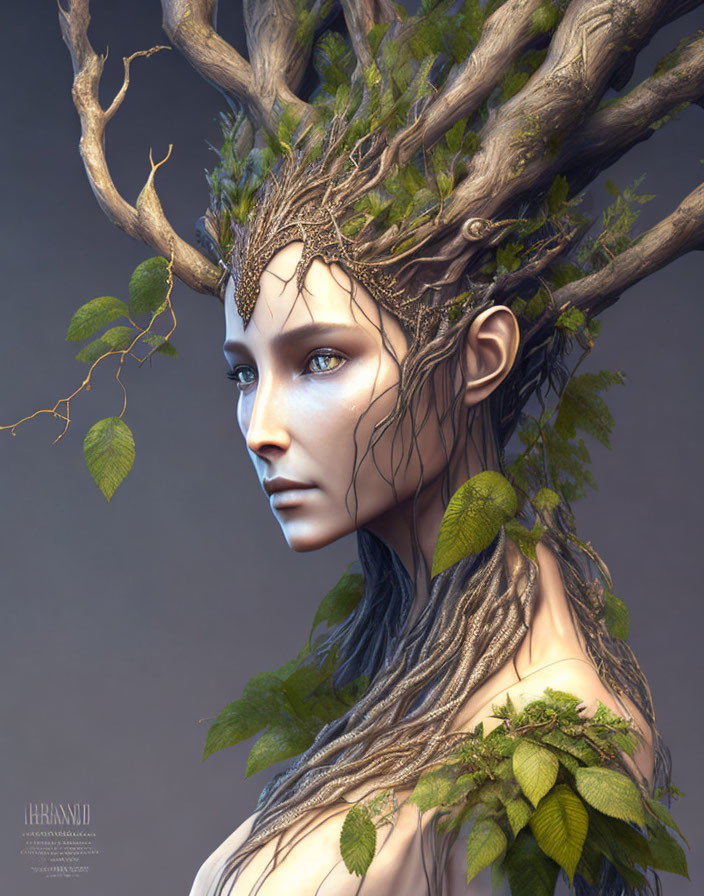 Digital artwork: Woman with tree-like features and nature spirit essence