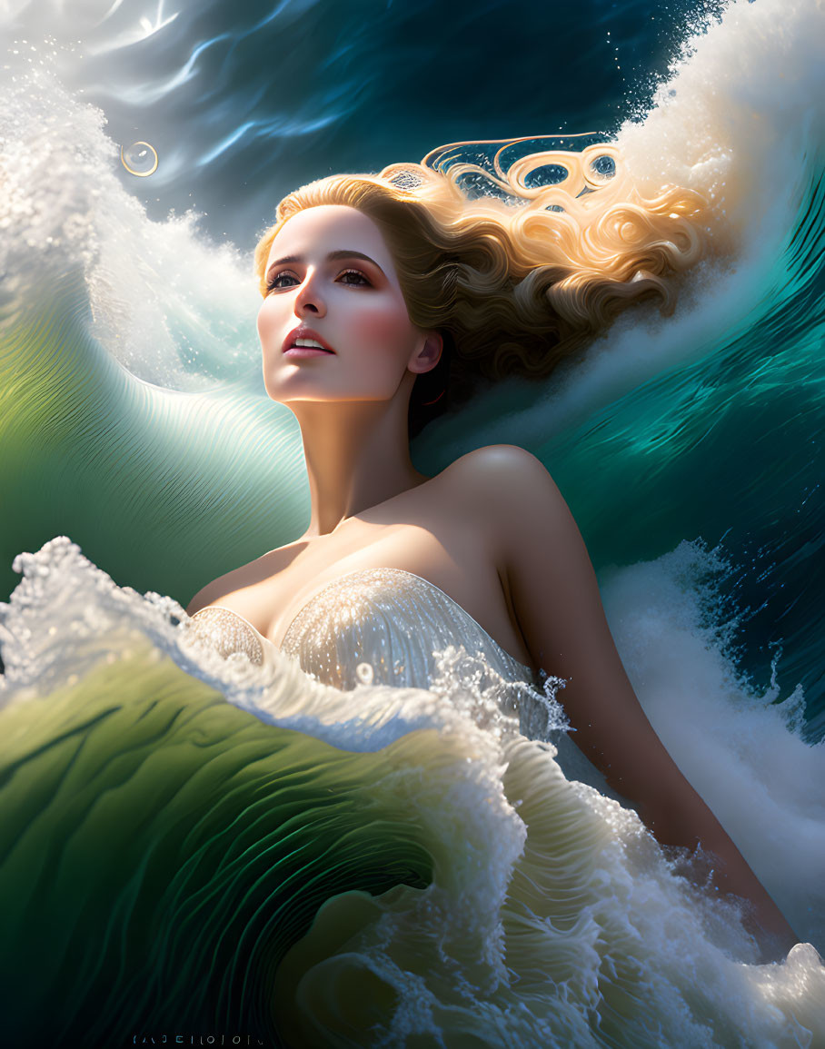 Blonde woman in white dress submerged in ocean waves