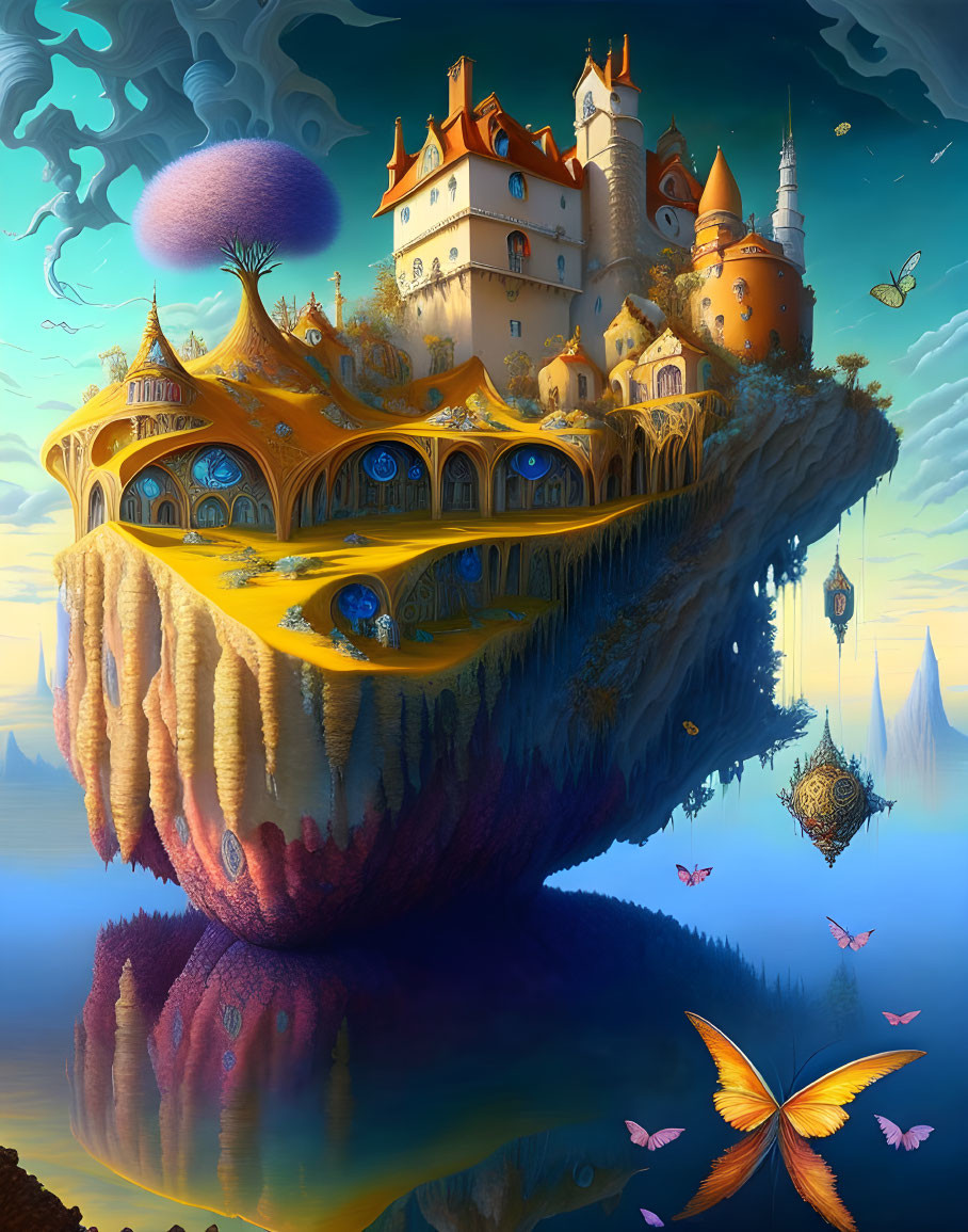 Whimsical floating island with castles, butterflies, moon, and blue skies