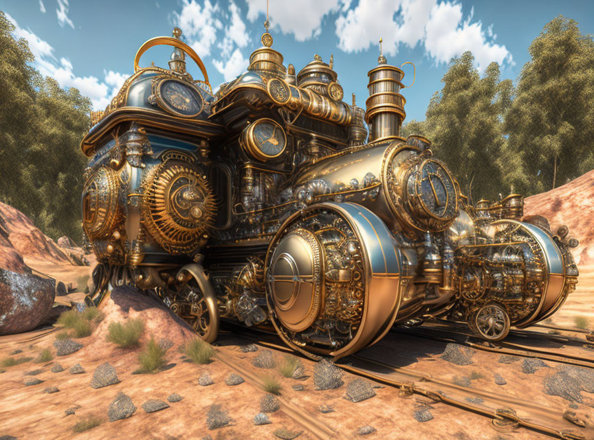 Steampunk-style locomotive on desert rails with brass gears and pipes