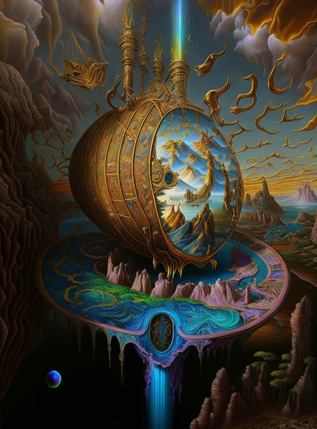 Surreal Landscape with Ornate Ship Structure and Clouds
