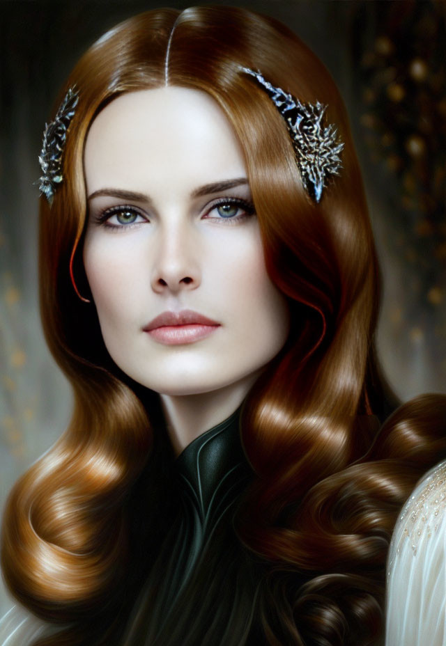 Portrait of Woman with Chestnut Hair and Silver Leaf Hair Accessories