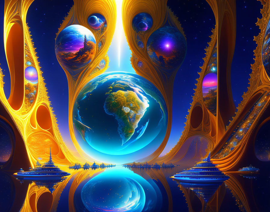 Colorful digital artwork: Earth surrounded by surreal cosmic structures, planets, reflective water, and fantastical