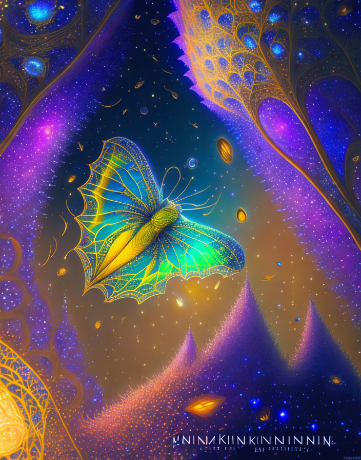 Golden butterfly digital artwork on cosmic background with stars and bubbles