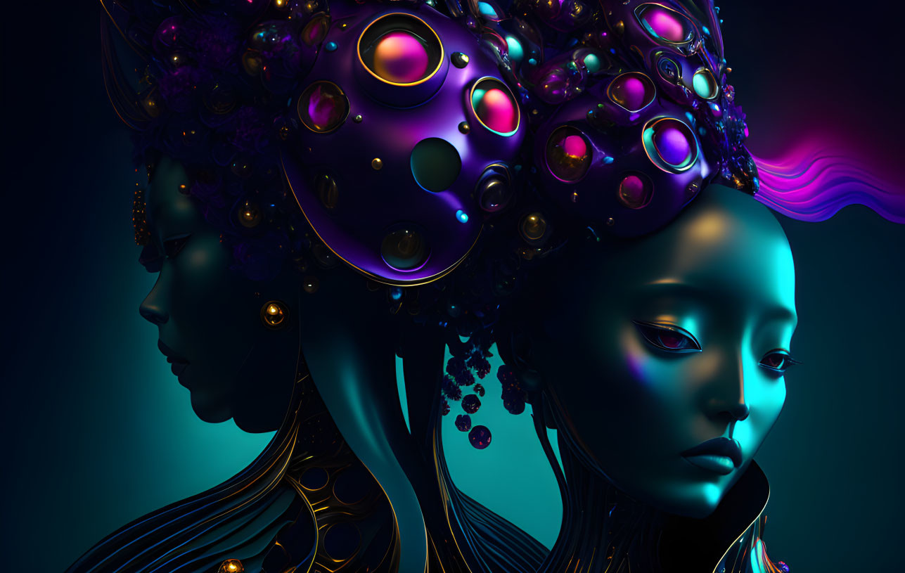 Stylized female figures with dark blue skin and golden headdresses