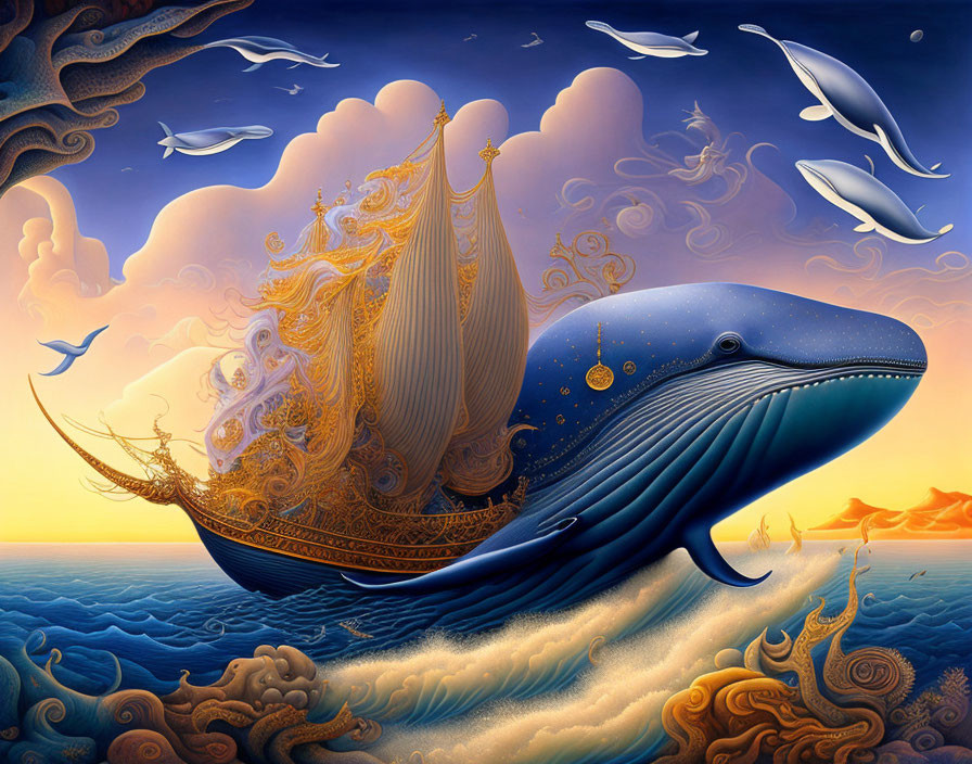 Whale carrying ship with flying fish and birds in vibrant sunset.