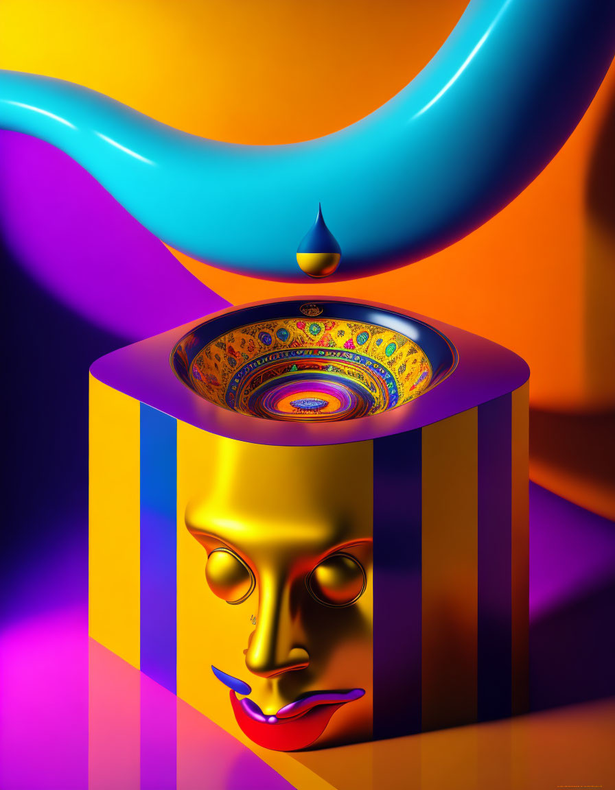 Surreal digital art: golden face, striped pedestal, ornate bowl, blue flowing form