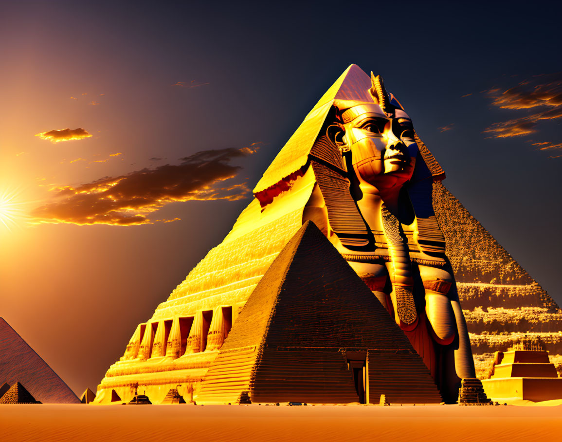 Great Sphinx and Pyramid in Sunset Glow Against Clear Sky