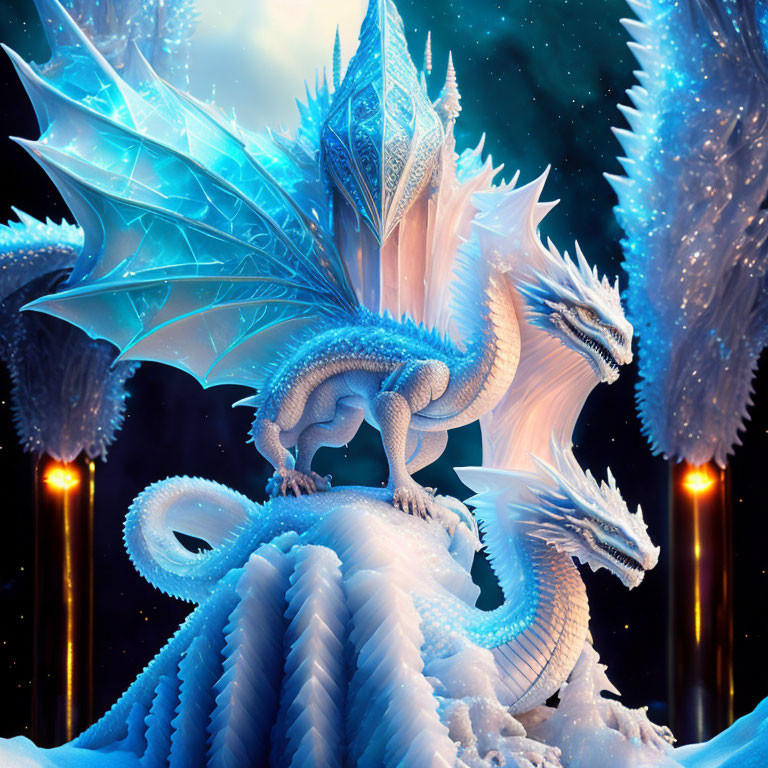 Blue and White Dragon on Crystal Structure with Glowing Pillars