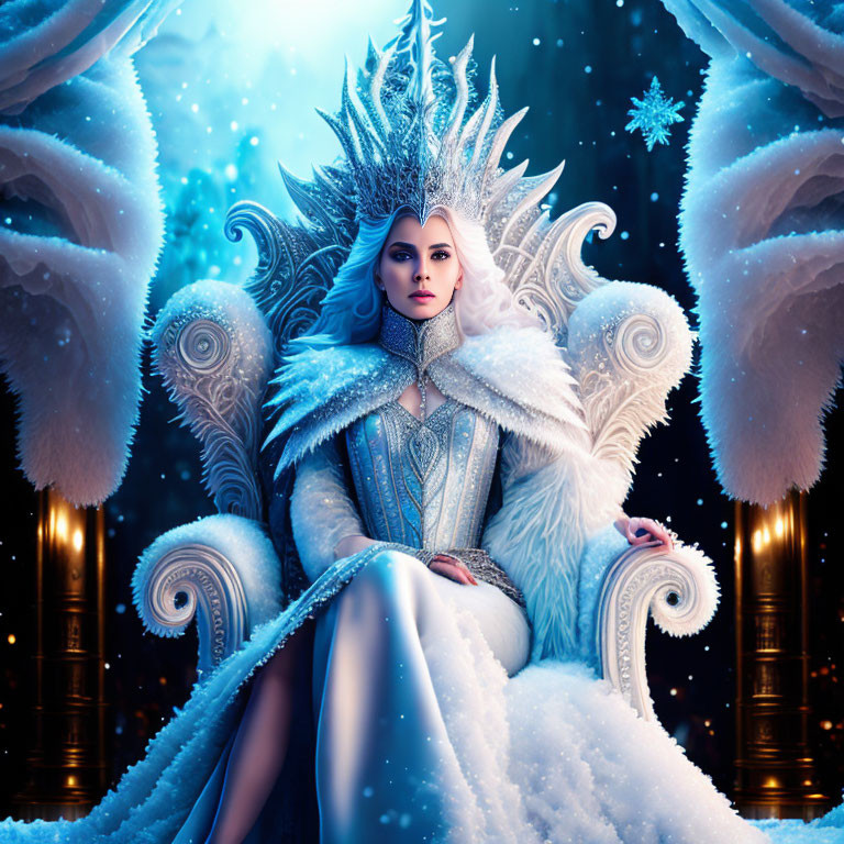 Regal woman in crystal crown on throne in snowy realm