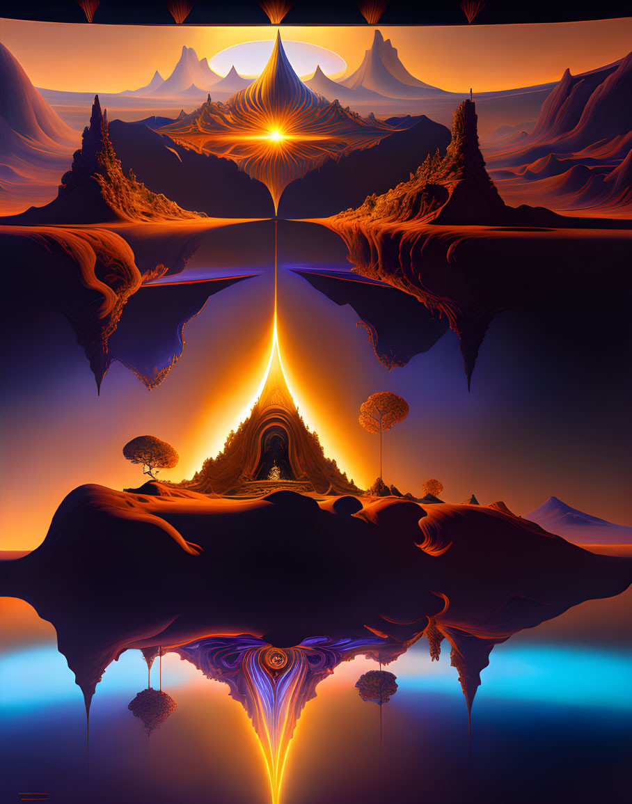 Surreal landscape with mirrored mountains and trees under starry sky