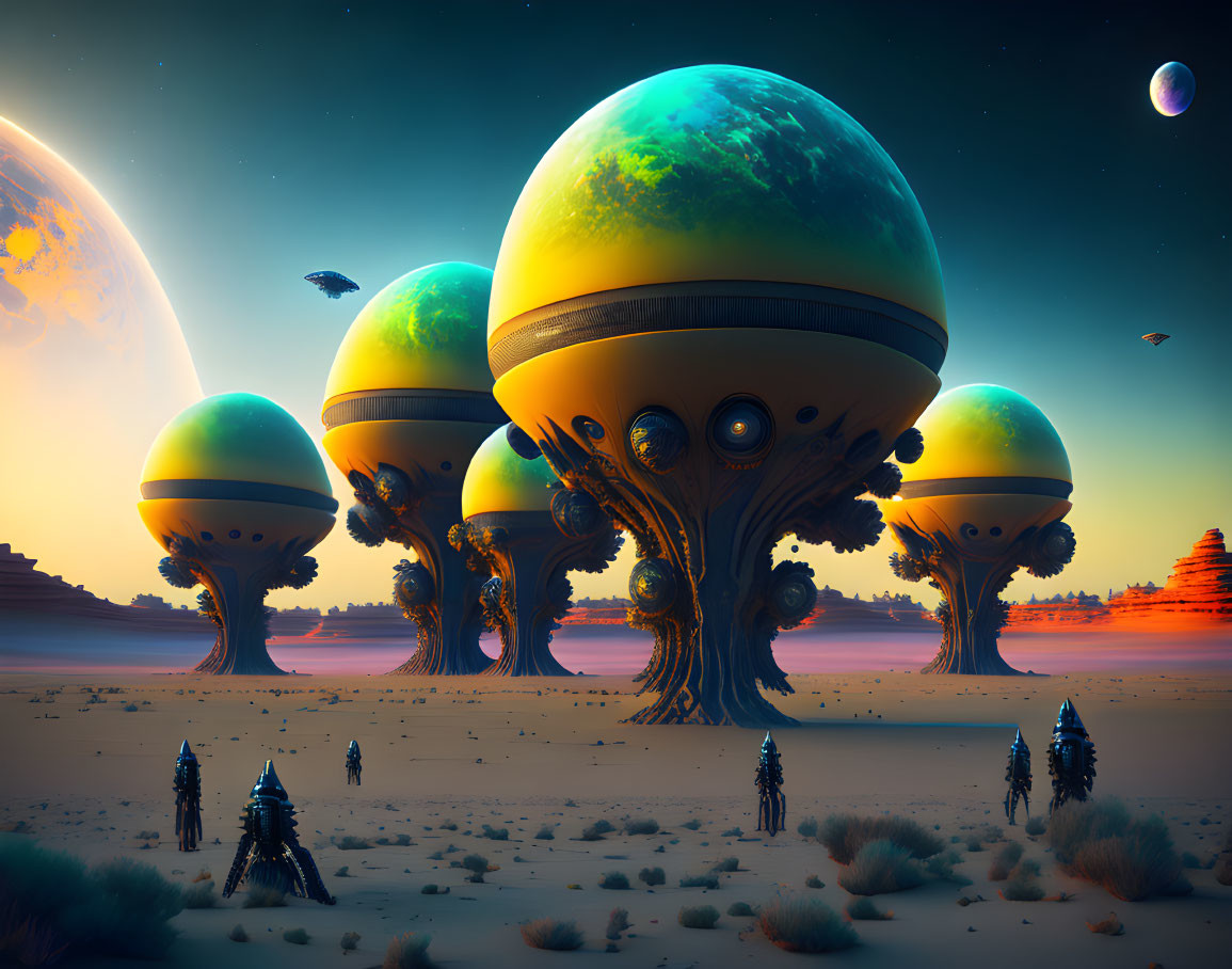 Surreal desert landscape with giant mushroom structures and multiple moons.