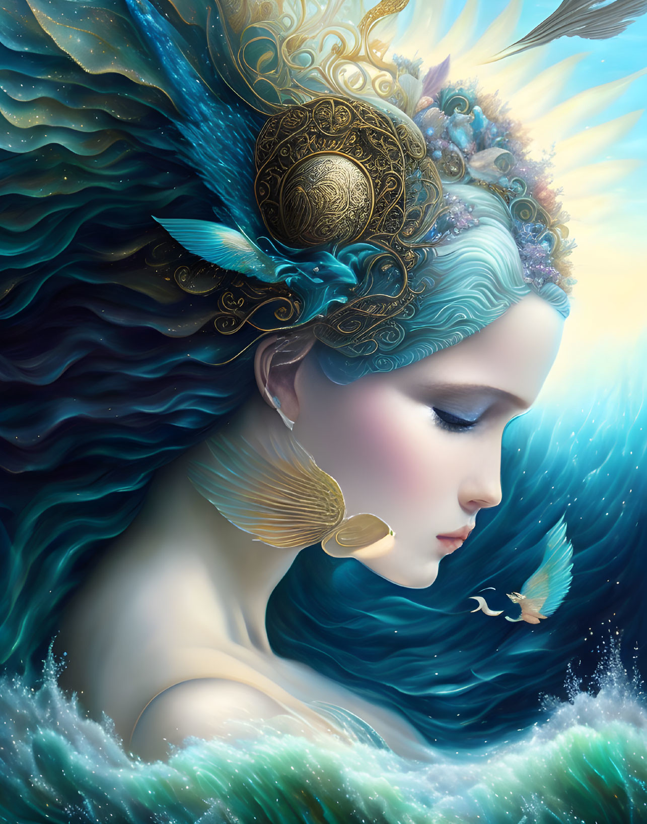 Fantasy illustration of ethereal woman with blue hair and ornate headdress