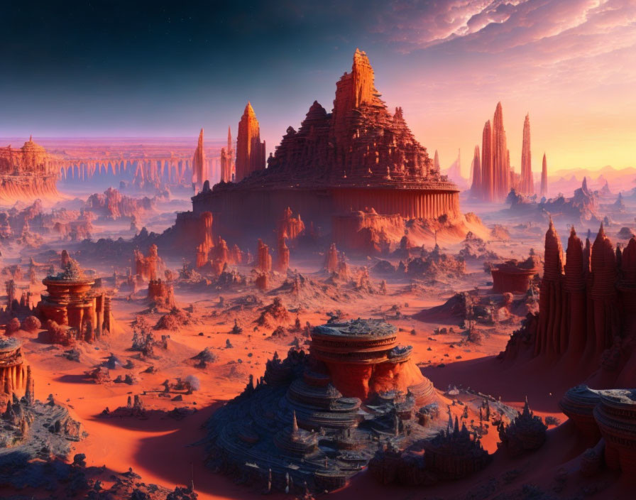 Alien landscape with towering rock formations at sunset