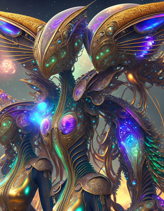 Intricate Fractal Image: Alien Technology Patterns, Glowing Orbs, Starry Sky