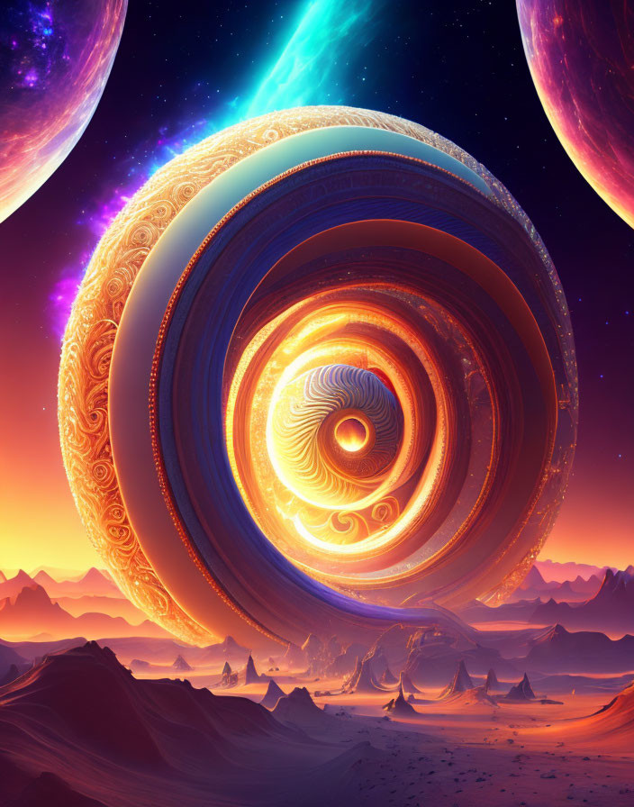 Colorful sci-fi landscape with swirling vortex, multiple planets, and alien desert terrain